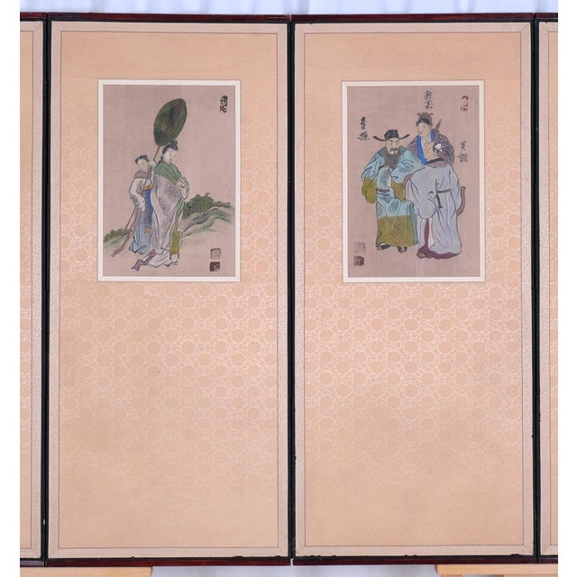 1950s Chinese Byobu Four Traditional Hand Painted and Stamped Vignettes on This 4-Panel Very Good + Condition Folding Screen For Sale In San Diego - Image 6 of 11