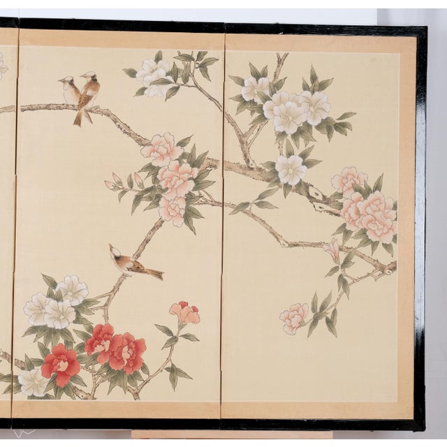 1980s Japanese Byobu Featuring Birds in Blossoming Trees 4-Panel Folding Screen For Sale In San Diego - Image 6 of 13