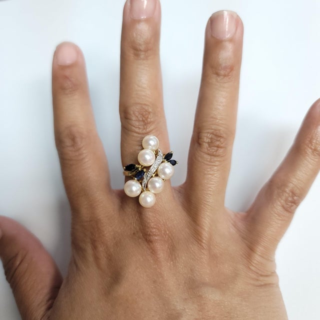 ♥ Product Summary ♥ Main Stone: Freshwater Pearls, Sapphire & Diamond Band Material: 14k Yellow Gold Dimensions: 27mm x...