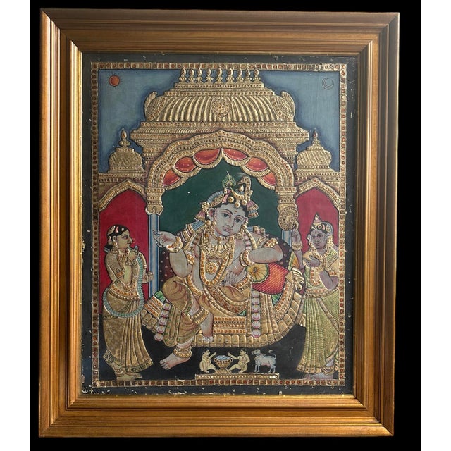 Mid Century Tanjore Painting Krishna South India Indian Gold Thanjavur Antique Vintage For Sale In Los Angeles - Image 6 of 10