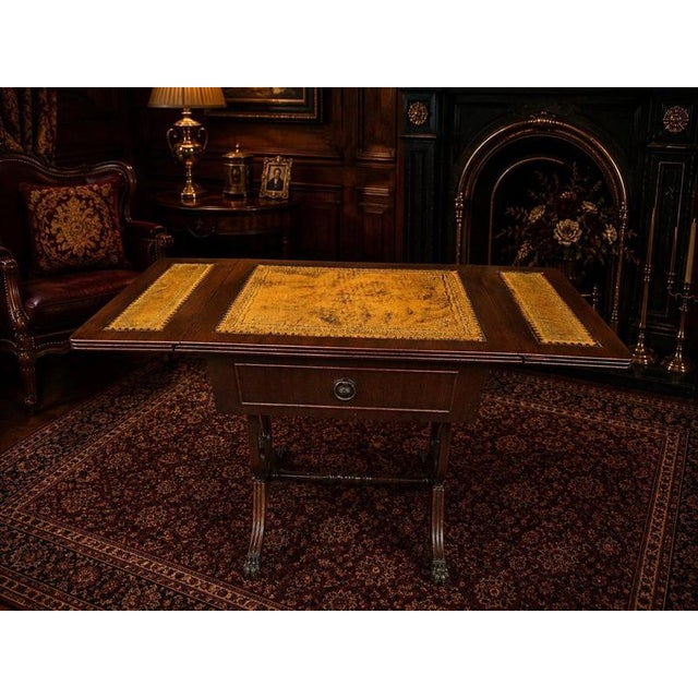 Regency Mahogany Drop-Leaf Side Table with Gilt Leather Top For Sale - Image 4 of 9