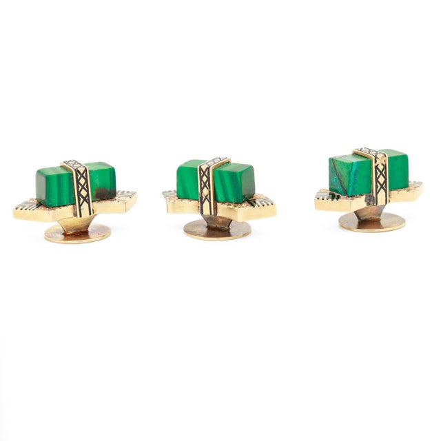 A fine set of 3 Art Deco dress buttons. From a tuxedo or formal dress set. In 14 karat yellow gold. Set with rectangular...