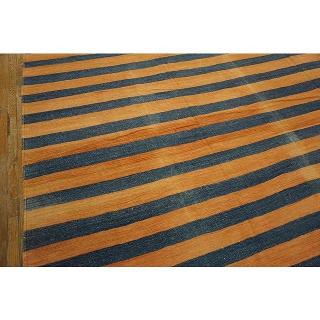 Indian 1920s Apricot Blue Stripe Antique Indian Cotton Dhurrie Carpet 9'7" X 15'3" Flatweave Wool Rug For Sale - Image 3 of 12