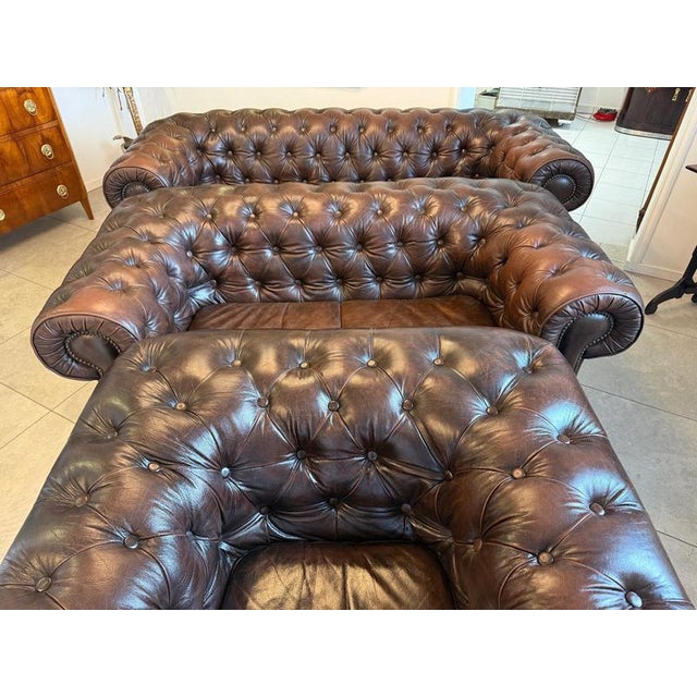 2000 - 2009 Chesterfield Sofas and Club Chair in Leather, Set of 3 For Sale - Image 5 of 18
