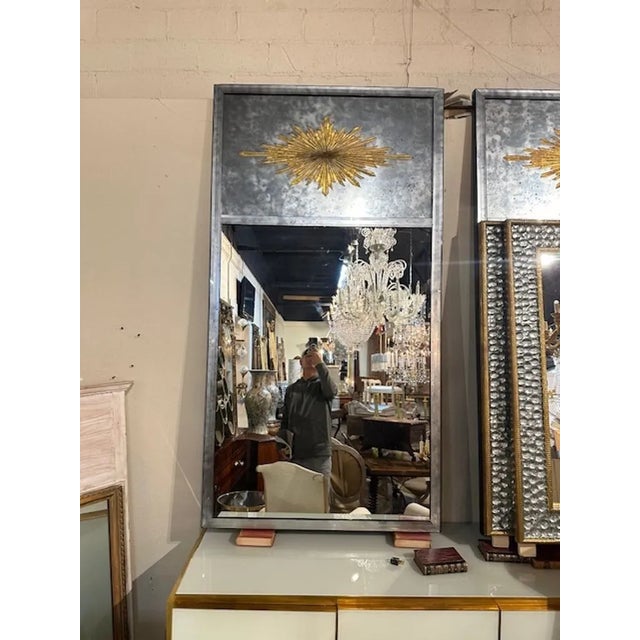 Modern French Maison Jansen design eglomise' sunburst trumeau mirror. Circa 2000. A favorite of top designers!