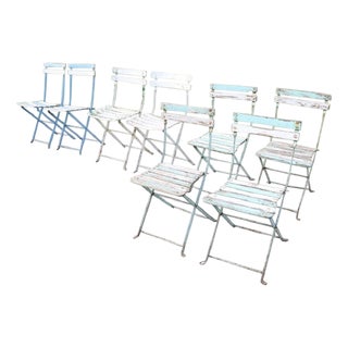 Bistro Garden Folding Chairs in Iron and Wood Slats, Set of 8 For Sale