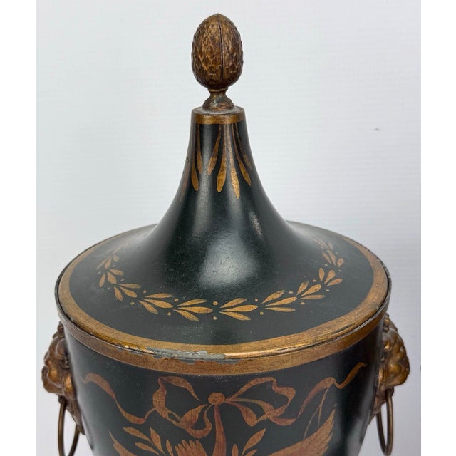 Pair of Vintage Neoclassical Painted Toleware Lidded Urns With Lion Mask Handles For Sale - Image 10 of 12