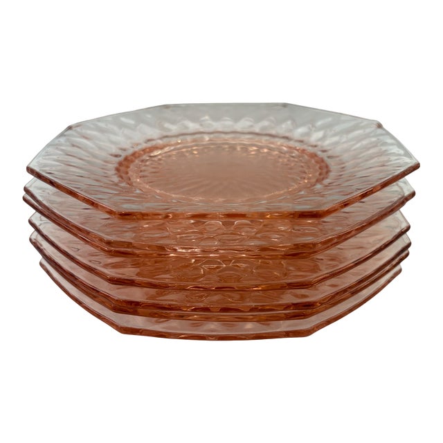 Mid 20th Century Pink Depression Glass Octagon Plates - Set of 7 For Sale