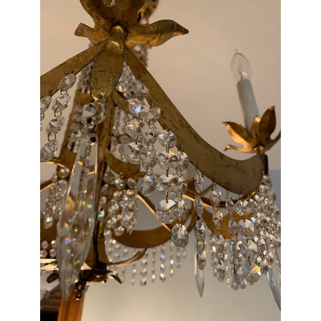 Brass 1940s Crystal Fringe Chandelier; Six Light, Hammered Brushed Brass, Glass Crystal Hollywood Regency Lighting For Sale - Image 8 of 12