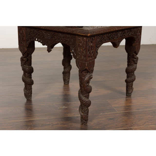 Anglo-Indian 1900 Armchair with Carved Back, Mythical Creatures and Woven Rattan For Sale - Image 4 of 12
