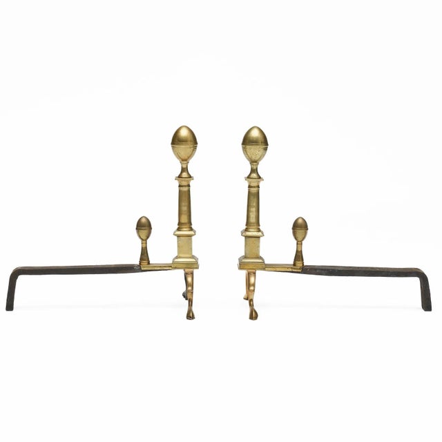 Pair tall antique 18th century Boston American Federal column form brass andirons with lemon top finials, circa 1790. With...