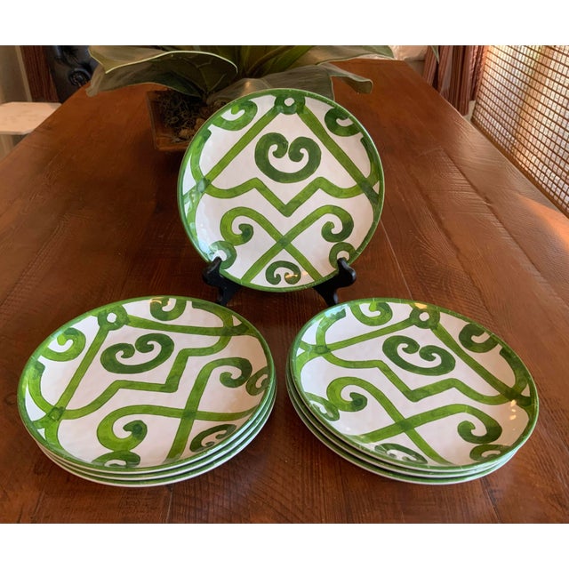2010s Chinoiserie Scroll Melamine Luncheon Plates W/ Green Lattice Pattern – Set of 7 for Palm Beach Regency, British Colonial & Outdoor Entertaining. For Sale - Image 5 of 8