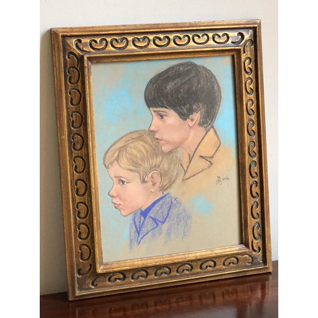 Blue 1972 Original Pastel Portrait of Two Brothers, Framed For Sale - Image 8 of 8