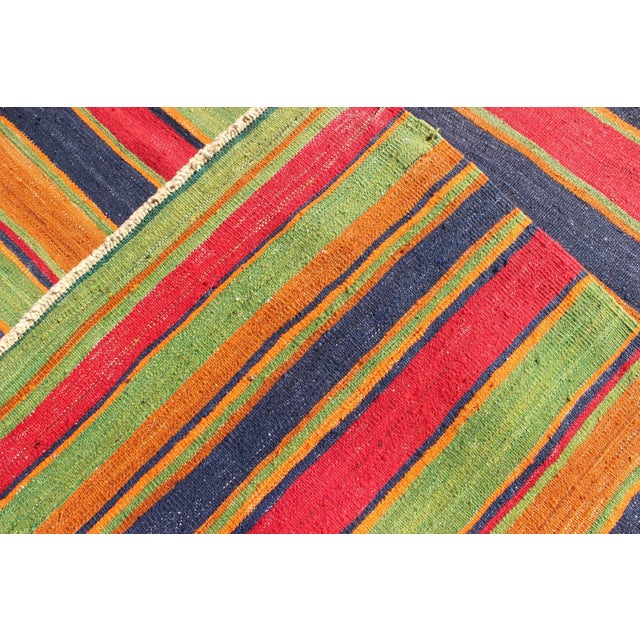 Textile Vintage Kilim Runner With Horizontal Stripes in Bright Colors, Orange, Green, Blue, Red, Gold For Sale - Image 7 of 8