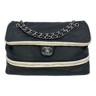 Chanel Black Perforated Leather Expandable Classic Flap Shoulder Bag For Sale