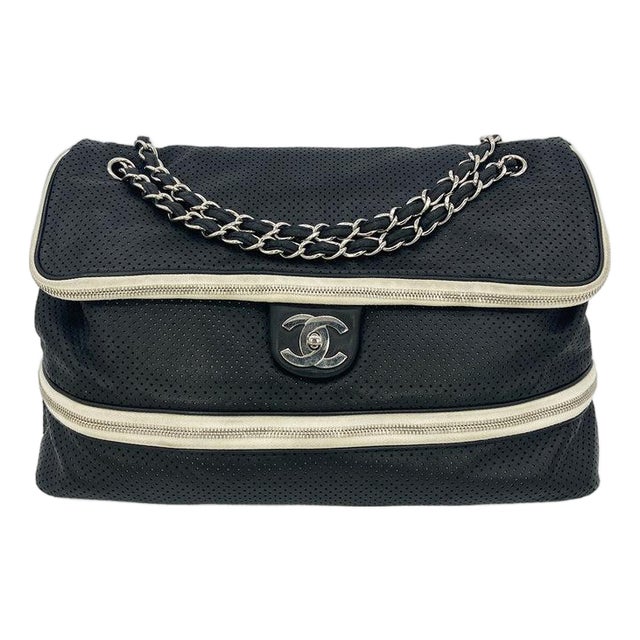 Chanel Black Perforated Leather Expandable Classic Flap Shoulder Bag For Sale