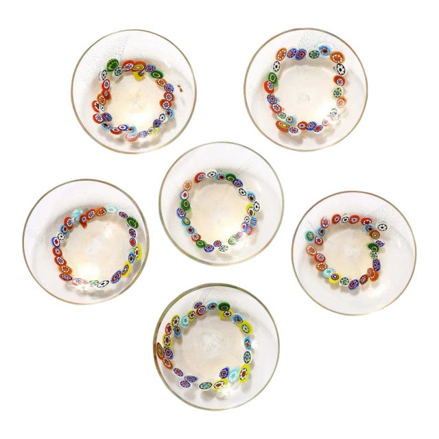 Set of 6 Mid-Century Hand-Blown Murano Millifiori & 24 Karat Gold Fleck Plates For Sale