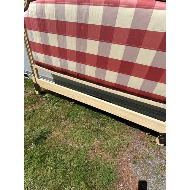 2010s French Provincial Style Carved Wood King Headboard With Checked Fabric For Sale - Image 5 of 12
