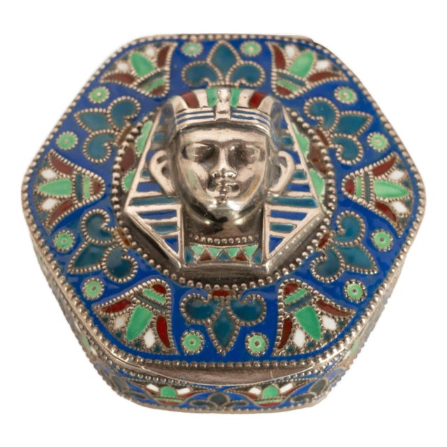 Antique Art Deco King Tut Egyptian Revival Silver Gilt Enamel Cloisonne Box 1925 For Sale
