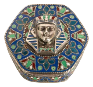 Antique Art Deco King Tut Egyptian Revival Silver Gilt Enamel Cloisonne Box 1925