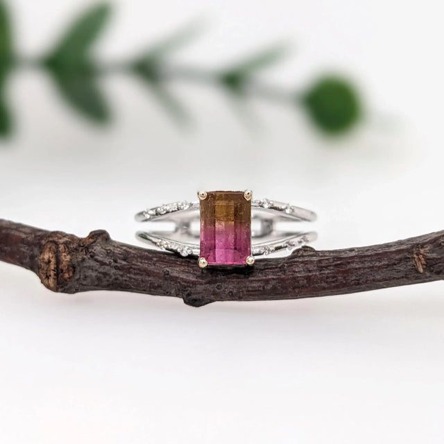 Bi-color Tourmaline Ring with Earth Mined Diamonds in Solid 14K White Gold EM 7x5mm For Sale - Image 4 of 8