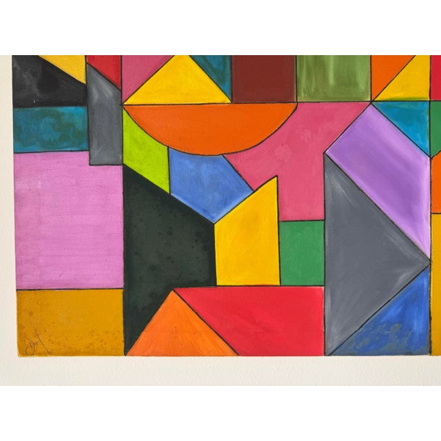 2003 Vintage Daniel Colorful Geometric Abstract Oil on Canvas Painting – Unframed For Sale In Miami - Image 6 of 10