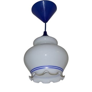Vintage Pendant Lamp with White and Blue Glass Shade, 1990s For Sale