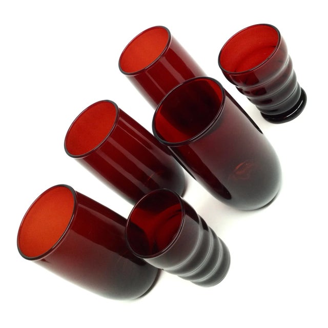 Art Deco Vintage Ruby Red Highball & Juice or Shot Glass - Set of 6 For Sale - Image 3 of 9