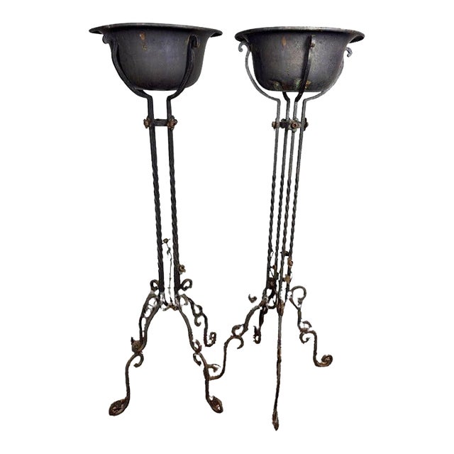 Antique Wrought Iron Plant Stands With Pot - Set of 2 For Sale