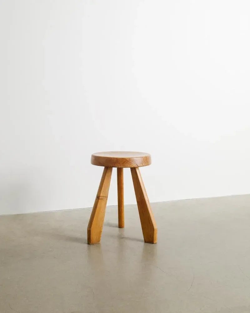 French Mid Century Wooden Tripod Sandoz Pine Stool by Charlotte