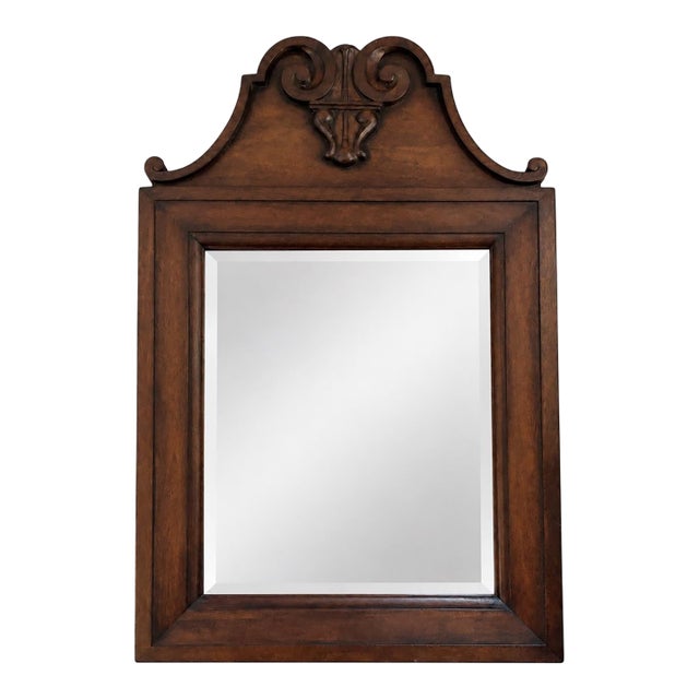 Polo Ralph Lauren Handsome Carved Wood Beveled Wall Mirror With Elegant Scroll Detailing For Sale