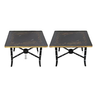 Pair of Vintage Black Lacquer Chinoiserie Side Tables With Gilt Peacock and Floral Motif For Sale