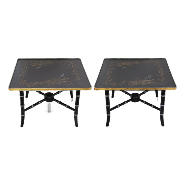 Pair of Vintage Black Lacquer Chinoiserie Side Tables With Gilt Peacock and Floral Motif For Sale