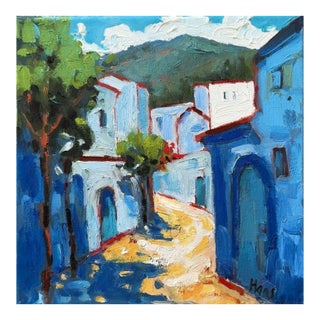 Chefchaouen, Blue City Rhythms, Morocco Modern Impressionist Oil Painting For Sale