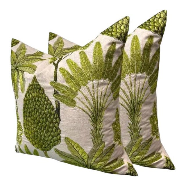 Ann Gish Green Tropical Tree Embroidered Pillows – Set of 2 (4 available) Elevate your space with this stunning pair of...