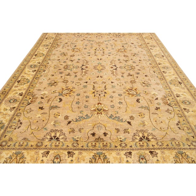 Beige Handmade Modern Oushak Wool Rug With Floral Motif For Sale - Image 10 of 11