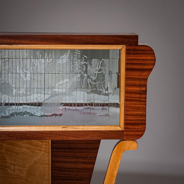 Wood Mid-Century Bar Cabinet with Etched Underwater Scene, Italy For Sale - Image 7 of 11