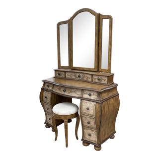 Hooker Seven Seas Bombe Style Vanity Dressing Table With Mirror and Stool For Sale