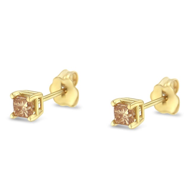 Contemporary IGI Certified 3/8 Cttw Princess-Cut Square Diamond 4-Prong Solitaire Stud Earrings in 14K Yellow Gold (L-M Color, I1-I2 Clarity) For Sale - Image 3 of 6