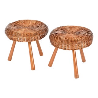 Large Vintage Stools in Wicker and Wood by Tony Paul, 1950s, Set of 2 For Sale