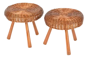 Large Vintage Stools in Wicker and Wood by Tony Paul, 1950s, Set of 2