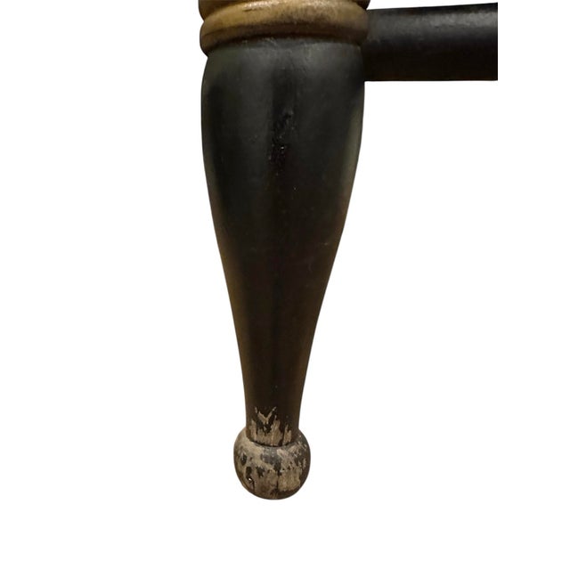 Mid 19th Century Antique Ebonized Hitchcock Stool / Footsool With Woven Rush Seat, Stenciling, & Spool Legs For Sale - Image 5 of 12