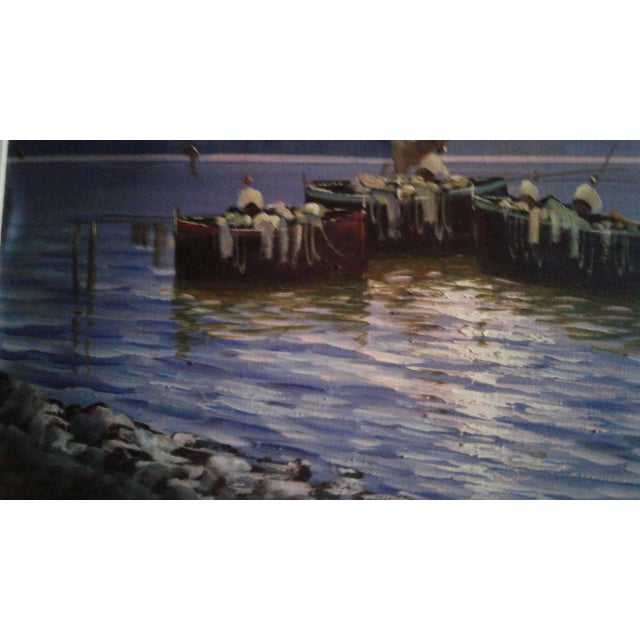An atmospheric oil-on-canvas coastal sunset by Italian 20th-century artist Luigi De Luca. Painted in an Impressionist-...