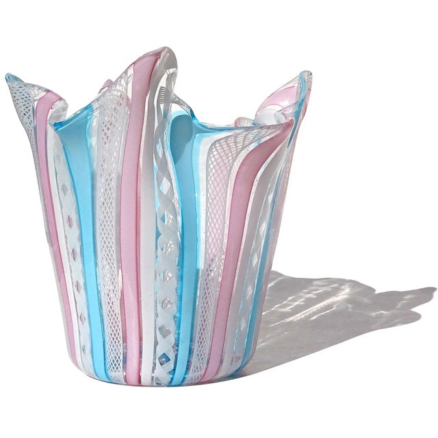 Mid 20th Century Murano Fratelli Toso Vintage Pink White Blue Italian Art Glass Decorative Fazzoletto Flower Vase For Sale - Image 5 of 8