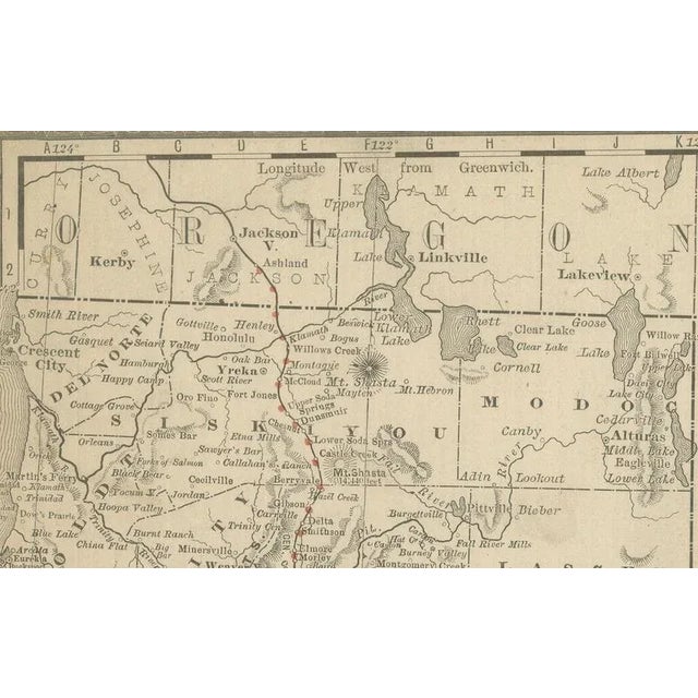 Antique Map of California – Railroads, Cities & Counties, 1888 This antique engraved map shows California in 1888, at a...
