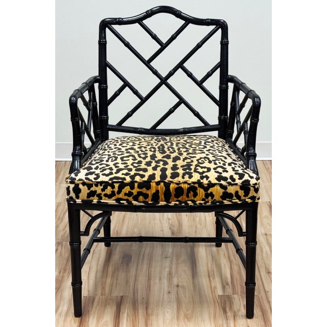 Chinoiserie Vintage Chippendale Style Black Faux Bamboo Arm Chair W/ Leopard Print Velvet Upholstery For Sale - Image 3 of 11