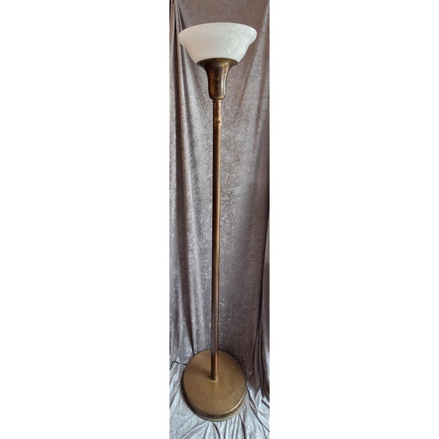 Art Deco German Floor Lamp with Brass Base and White Glass Shade, 1920s, in Very Good conditions. Designed 1920 to 1949...