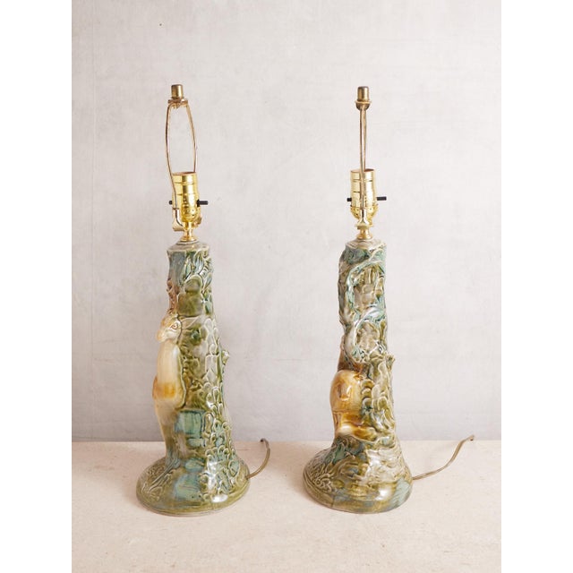 Mid 20th Century Deer Ceramic Lamps With Majolica Style Glaze - a Pair For Sale - Image 14 of 17