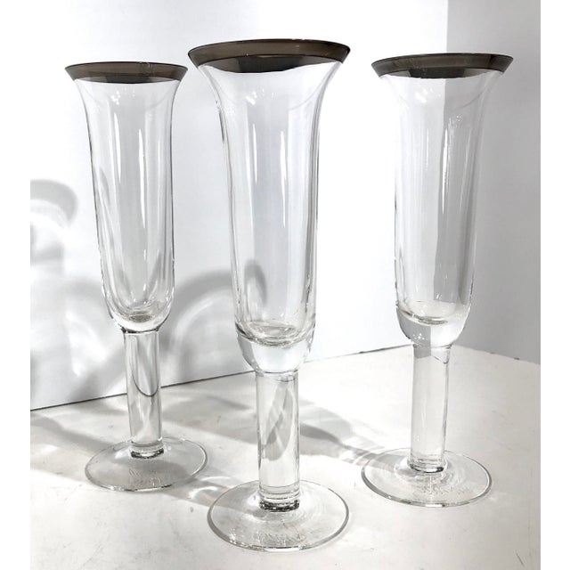 Set of 3 Silver Rimmed Fluted Champagne Glasses MidCentury Modern by