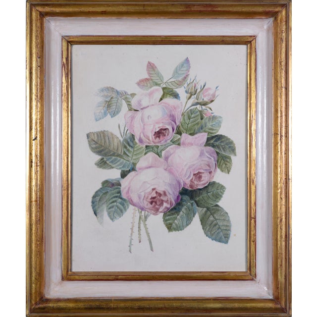 Antique Hand-Painted Porcelain Plaque with Pink Roses in Giltwood Frame, Late 20th Century For Sale - Image 6 of 6